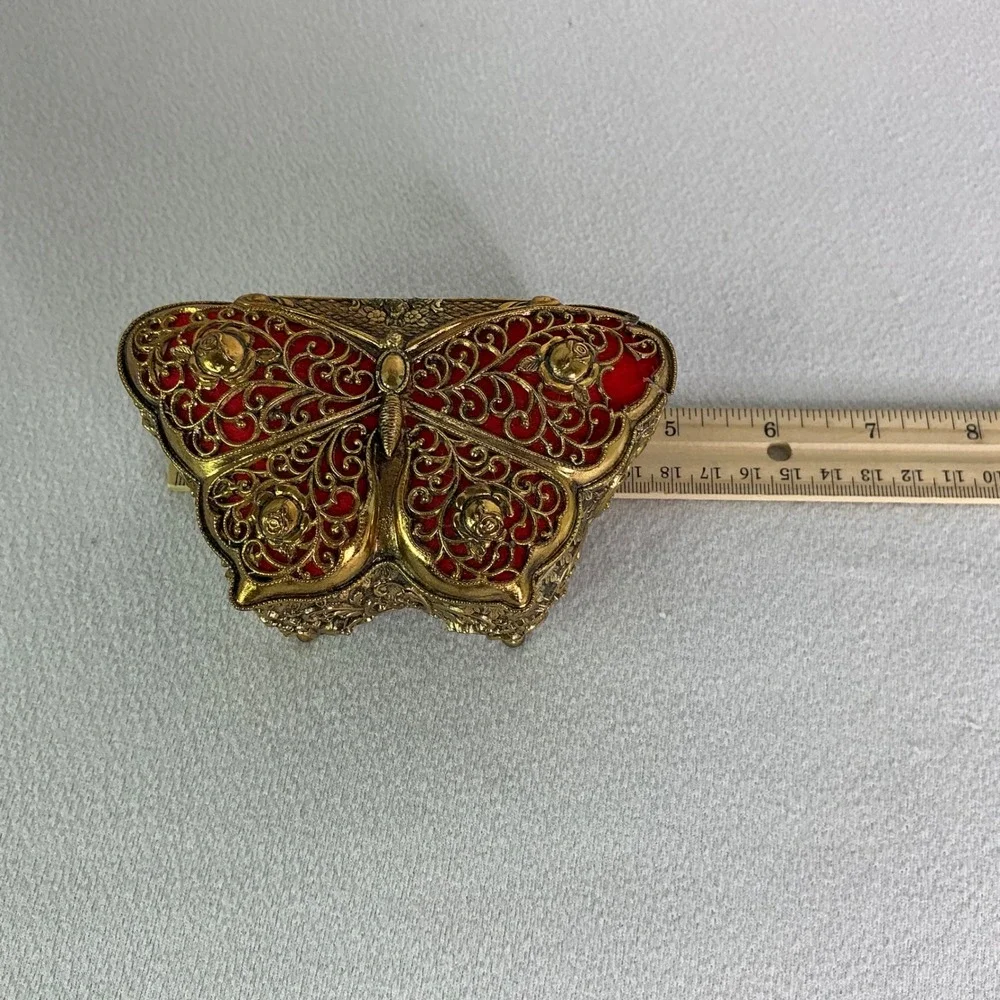 Vintage Japan Butterfly Music‎ Box Gold Filigree Red Velvet Jewelry Trinket